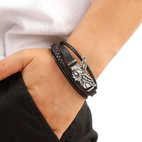 Pulsera De Cuero Trenzado Multicapa Cabeza De Águila Hombre Cierre Magnético De Acero Inoxidable Joyería