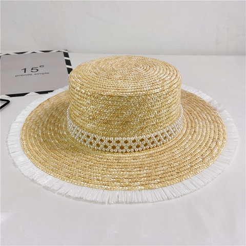 Women Wheat Straw Boater Hat With Faux Artificial Pearl And Fringe Edge Flat Top Summer Beach Sun Hat