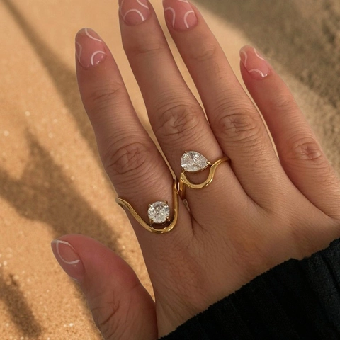 Wave Bypass Ring 316L Stainless Steel 18K Gold Plated Zircon Waterproof Color Retention French Minimalist Jewelry Women
