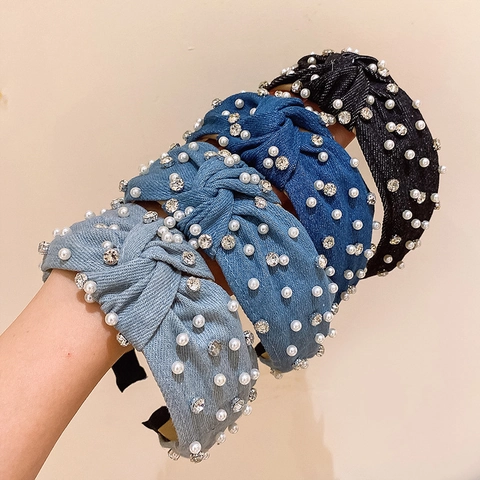 Women Denim Knotted Headband Faux Artificial Pearl Rhinestone Sequin Wide Padded Hairband Retro Fashion Hair Accessory