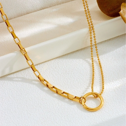 Minimalist Stainless Steel Double Layer Round Ring Pendant Necklace Spliced Bracelet Geometric Stud Earrings Set For Women