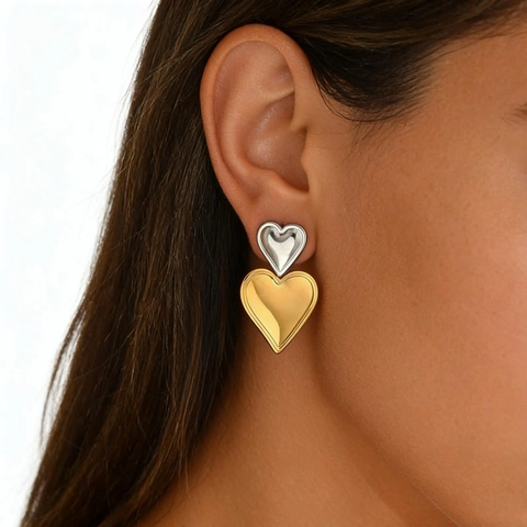 Orecchini A Doppio Cuore Acciaio Inossidabile Oro Argento Colore A Contrasto Lucido Minimalista Borchie Donne