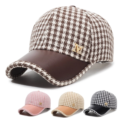Damen Houndstooth Baseballkappe Kunstleder Krempe Metall Buchstabe M Strass Retro Verstellbar Mode Entenschnabel Hut