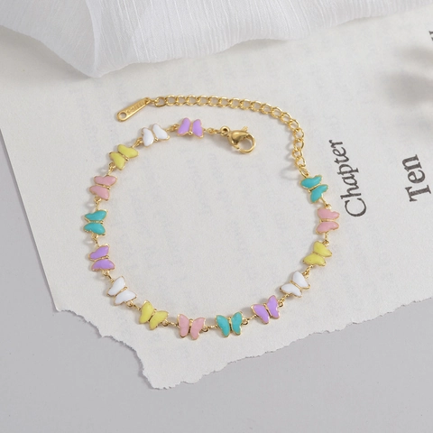 Pulsera de Mariposa de Esmalte de Colores de Acero Inoxidable Chapado en Oro de 18K para Mujer Moda Elegante Dulce Joyería de Cadena Ajustable