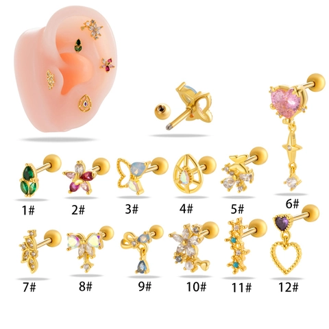 Papillon Fleur Cœur Zircone Cuivre Acier Inoxydable Piercing Cartilage Helix Boucles D'oreilles Bijoux