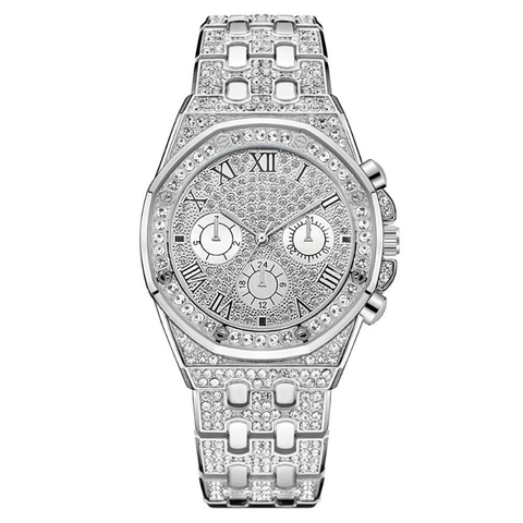 Orologio Al Quarzo Da Uomo Di Lusso Iced Out Con Strass Cinturino In Metallo Numeri Romani Moda Tendenza