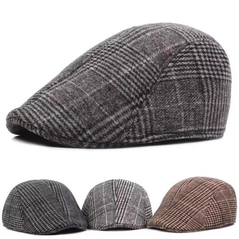 Men's Retro Herringbone Woolen Plaid Newsboy Cap British Style Flat Cap Autumn Winter Warm Adjustable Ivy Driving Hat