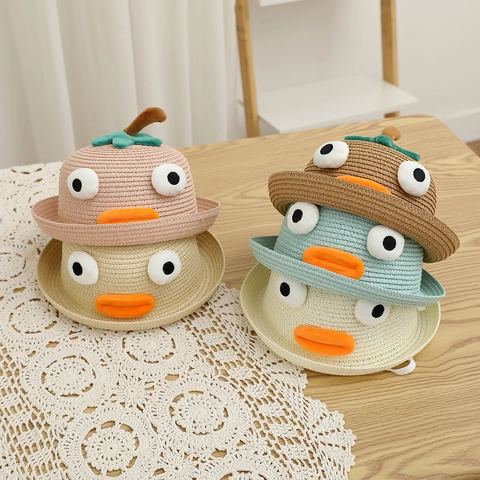 Cappello Di Paglia Per Bambini Anatra Cartone Animato Traspirante Tessuto Protezione Solare Outdoor Spiaggia Neonati