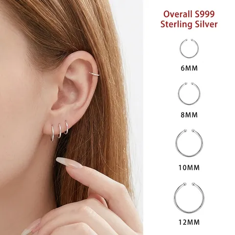 S999 Sterling Silver Minimalist Hoop Ear Clips For Women Small Round Bead Non Pierced Earrings Geometric Jewelry Gift