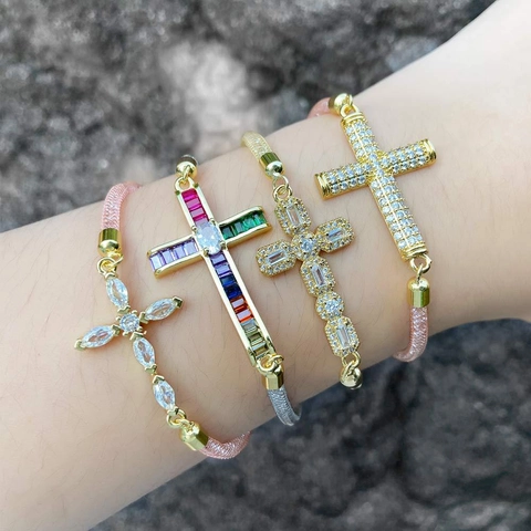 Cross Charm Bracelet For Women Copper Metal Mesh Chain With Zircon Crystal Religious Fashion Jewelry Adjustable