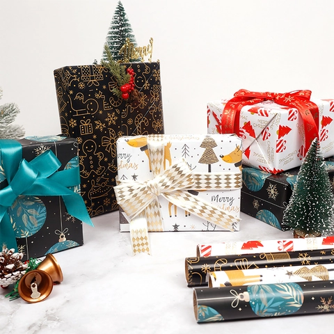 Christmas Gift Wrapping Paper Roll Coated Paper Festive Santa Reindeer Tree Patterns Holiday Party DIY Craft Supplies Decorative