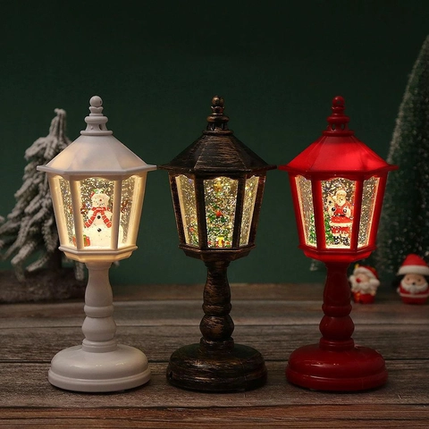 Lanterne Boule De Neige De Noël LED Injection D'Eau Veilleuse Brillante Décoration De Table Hexagonale Vintage Plastique Résine