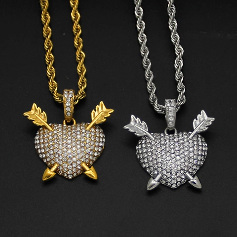 Collana Con Pendente A Cuore Con Doppie Frecce Acciaio Inossidabile Strass Iced Out Hip Hop Bling Gioielli Per Uomo E Donna