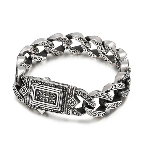 Herren Retro Punk 316L Edelstahl Armband Mit Geschnitztem Weinreben Geometrischem Muster Rechteckigem Verschluss Kette