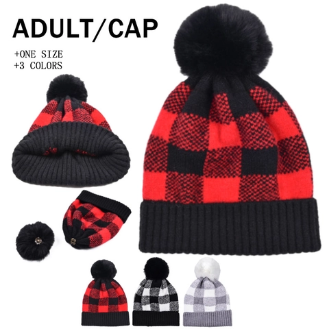 Buffalo Plaid Knitted Beanie Hat With Detachable Pom Pom Winter Warm Ribbed Cuff Fashion Soft Headwear For Women