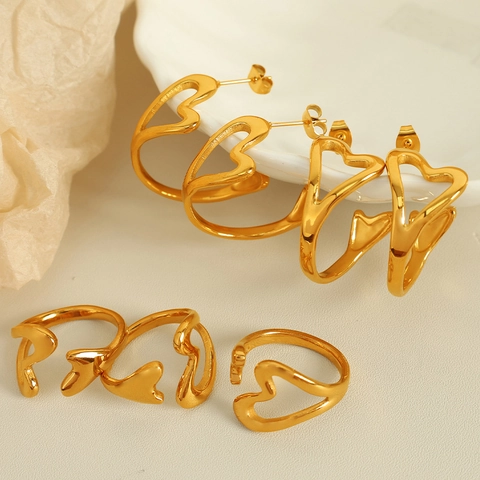 Minimalistisches Edelstahl Hohl Herz Schmuckset 18K Vergoldet Creolen Und Verstellbarer Offener Ring Für Damen Schmuck