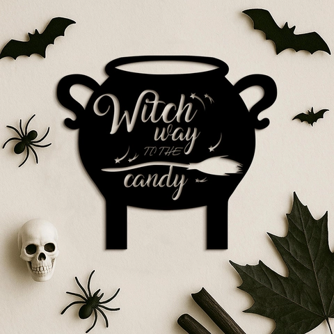 Decorazione Da Parete Halloween Calderone Di Strega In Legno Silhouette Segnale Appeso Witch Way To The Candy Nero Casa Stregata