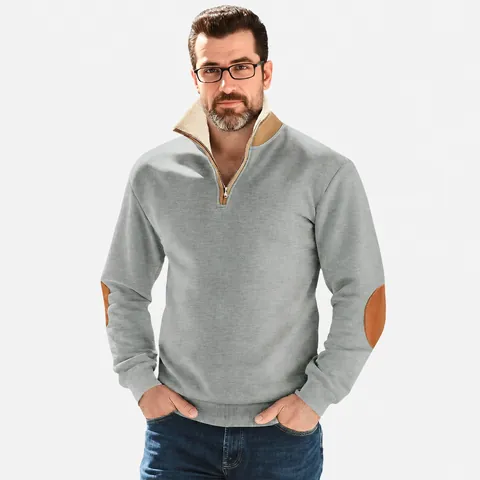 Men Half Zip Sweatshirt Fleece Lined Stand Collar Retro Elbow Patches Warm Casual Long Sleeve Pullover Top