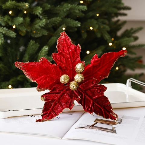 Artificial Christmas Poinsettia Flowers Velvet Flocked Gold Glitter Edges Tree Ornament Festive Holiday Party Decor