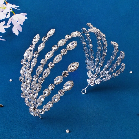 Luxury Silver Rhinestone Bridal Headband Wedding Branch Leaf Hair Accessory Banquet Party Crown Headpiece For Women