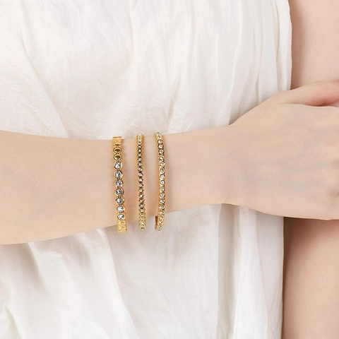 Elegant Stainless Steel Bangle Bracelet Gold Plated Cubic Zirconia Inlaid Luxury Minimalist Round Clasp For Women