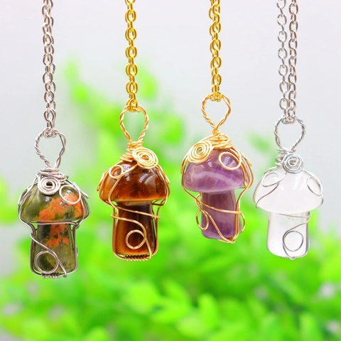 Handmade Wire Wrapped Mushroom Pendant Necklace Natural Crystal Stone Healing Quartz Forest Style Women Jewelry