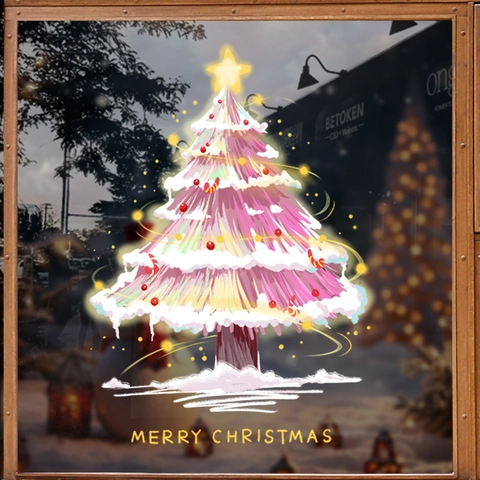 Pink Christmas Tree Window Cling Static PVC Sticker Glue Free Double Sided Color Holiday Glass Door Decoration Art Style