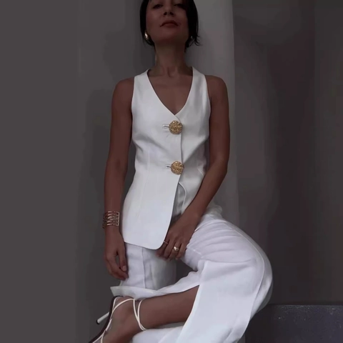 Conjunto de Dos Piezas para Mujer Chaleco Sin Mangas con Cuello en V y Pantalones de Pierna Ancha Trajes de Oficina Ajustados