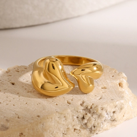Bague Ouverte Ajustable Double Coeur Plqué Or Acier Inoxydable Bijou Minimaliste Étanche Cadeau Pour Femmes