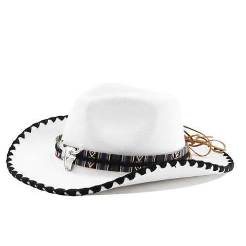Western Cowboy Hat Polyester Felt Bull Head Decor Ethnic Woven Band Wide Brim Vintage Jazz Retro For Men Women
