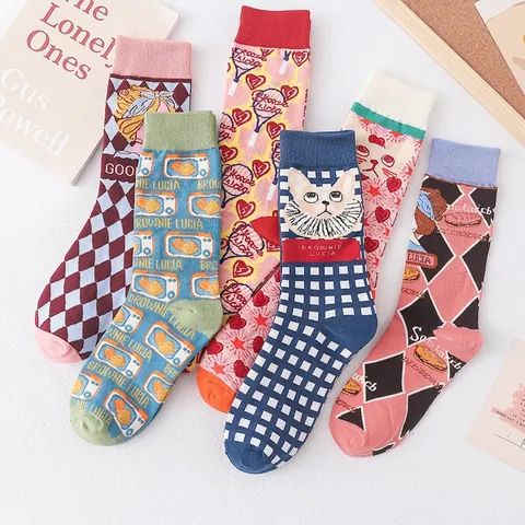 Mid Calf Crew Socks Cartoon Cat Graffiti Pattern Japanese Lolita Style Breathable Soft Fashion For Women Girls