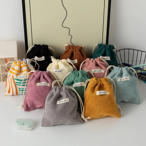 Corduroy Drawstring Pouch Mini Coin Purse Jewelry Organizer Makeup Storage Bag Soft Portable Solid Color Striped