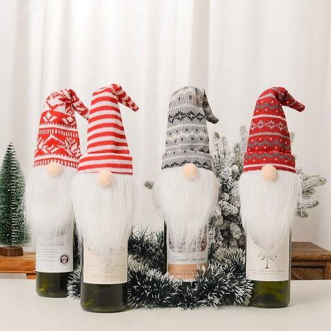 Christmas Wine Bottle Covers Knitted Plush Gnome Tomte Design For Holiday Dinner Table Decoration Nordic Style