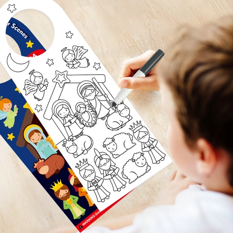 Kids Christmas Nativity Scene DIY Cartoon Sticker Door Hanger White Cardboard Holiday Party Decor Gift