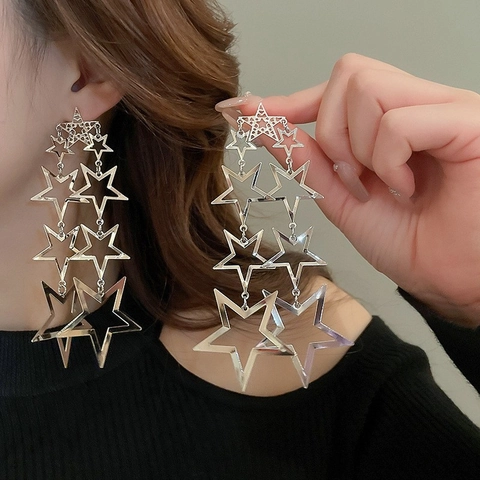 Exaggerated Star Long Tassel Dangle Earrings Alloy With Silver Earring Post Oversized Multi Layer Chic Jewelry For Women
