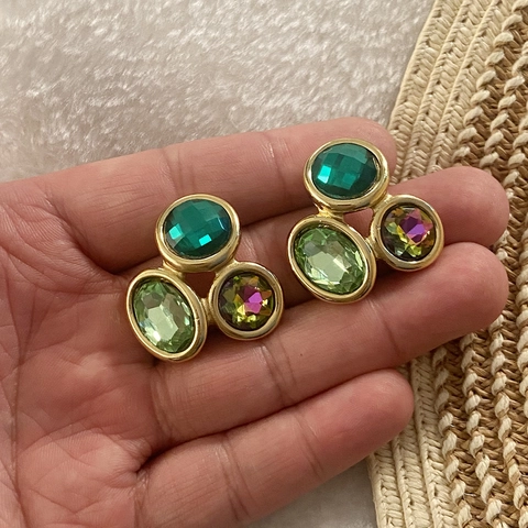 Vintage Geometric Stud Earrings For Women Stainless Steel Colorful Rhinestone Retro Multi Stone Jewelry Light Luxury