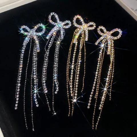 Orecchini Pendenti Fiocco Con Nappa Zircone Rame Con Perno In Argento Lunghi Eleganti Gioielli Per Donna