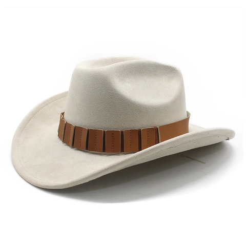 Chapeau De Cowboy Occidental Suédine Fedora À Bord Large Avec Bande En Cuir Ethnique Unisexe Protection Solaire Style Rétro