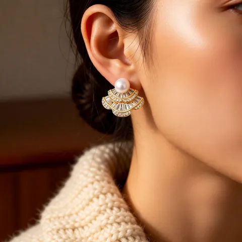 Pendientes De Botón Vintage En Forma De Abanico Con Perla Artificial Circonita Cobre Incrustado Poste De Plata