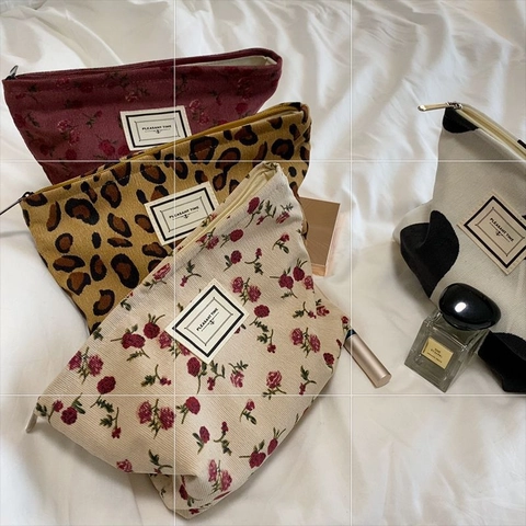 Corduroy Cosmetic Bag Makeup Toiletry Organizer Zipper Portable Travel Storage Pouch Leopard Floral For Women
