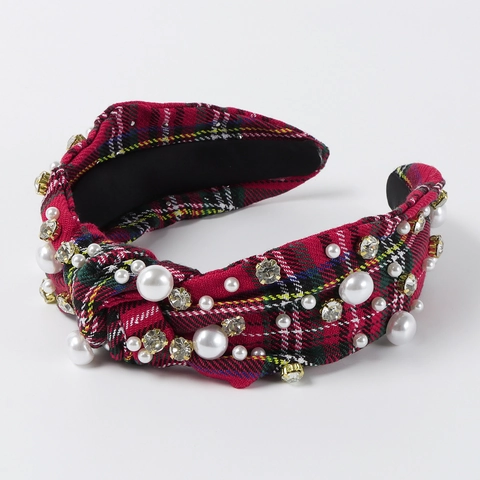Knotted Plaid Headband With Imitation Artificial Pearl And Rhinestone Wide Brim Vintage Hair Accessories For Women