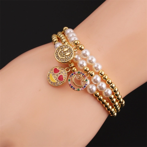 Fashion Smiley Face Beaded Bracelet Copper Gold Plated Imitation Artificial Pearl Zircon Heart Eyes Enamel Charm Jewelry For Women