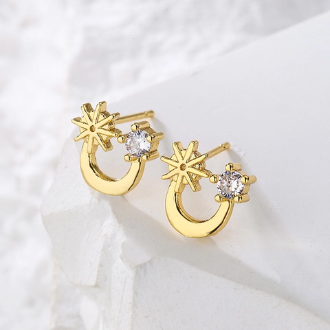 18K Gold Plated Copper Stud Earrings Clear Cubic Zirconia C Shape Moon Star Minimalist Jewelry For Women