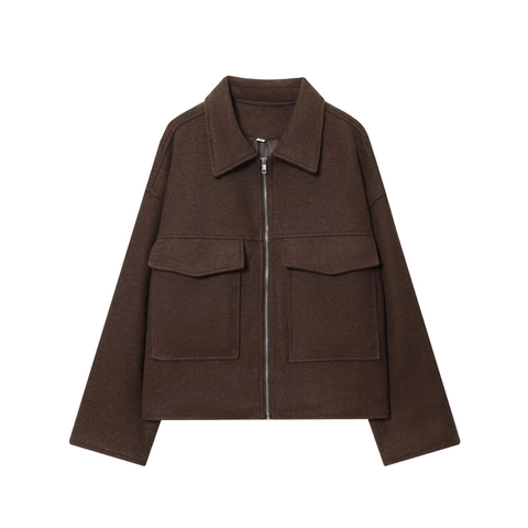 Women Woolen Blend Jacket Zipper Front Large Pockets Lapel Collar French Retro Casual Outerwear Coat