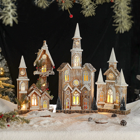 Christmas Wooden House LED Light Up Snowy Cabin Church Tabletop Decor Ornament Festive Winter Scene For Home Office
