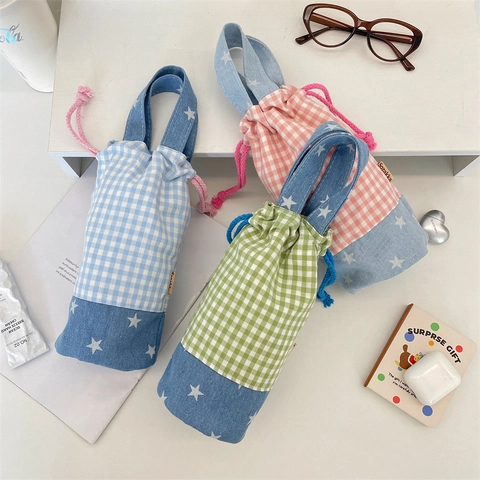 Portable Gingham Water Bottle Bag With Drawstring And Handle Denim Star Patchwork Polyester Storage Pouch For Travel