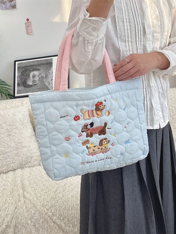 Borsa Tote Trapuntata Imbottita Ricamo Cane Cartone Animato Carino Borsa A Mano Grande Capacità Shopping Casual Borsa A Spalla Morbida