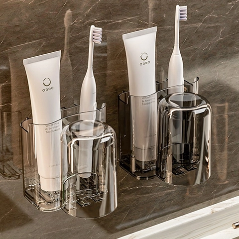 Toothbrush Holder With Cups Wall Mounted No Drill PET Plastic Draining Bathroom Storage Rack Luxury Modern Minimalist