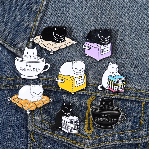 Lindo Juego de Pines de Esmalte de Gato de Dibujos Animados Broche de Aleación de Gato en Taza para Mochila Ropa Chaqueta Joyería Regalo Insignias Unisex