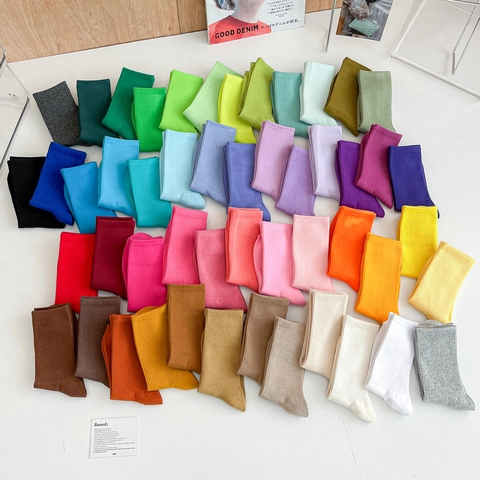 Ribbed Cotton Blend Crew Socks Breathable Solid Candy Color Casual Mid Tube Hosiery For Women Teen Girls